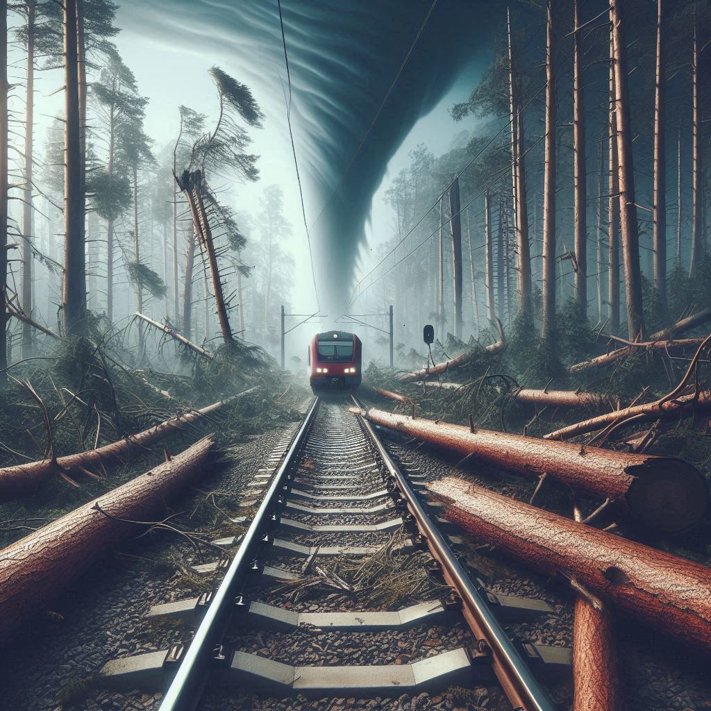 Train passing through a forest where wind has blown down the trees. A tornado is behind the train